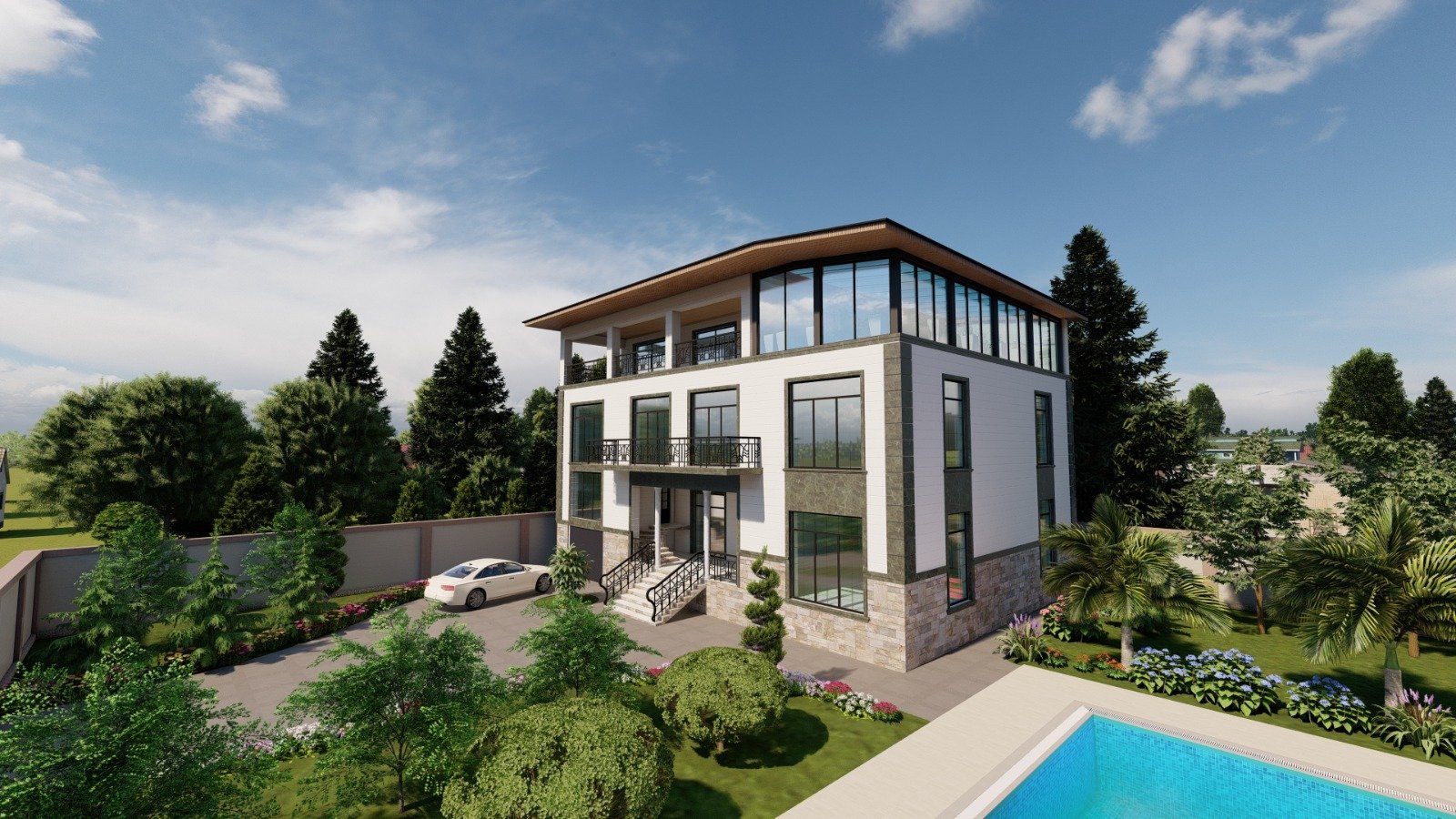 Hovuzlu müasir villa layihəsinin 3D renderi